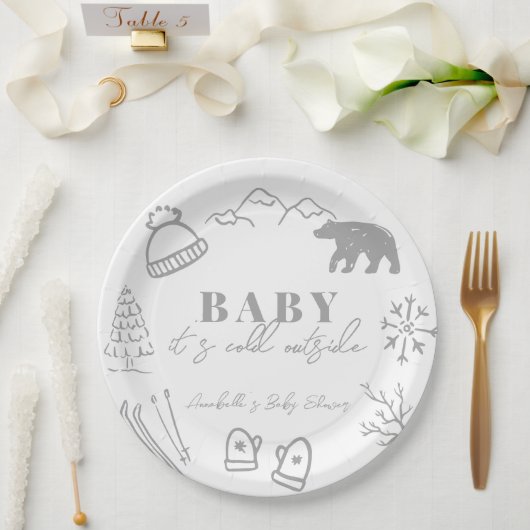 Baby It's Cold Outside Hand-drawn Gray Baby Shower Pappteller (Hochzeit)