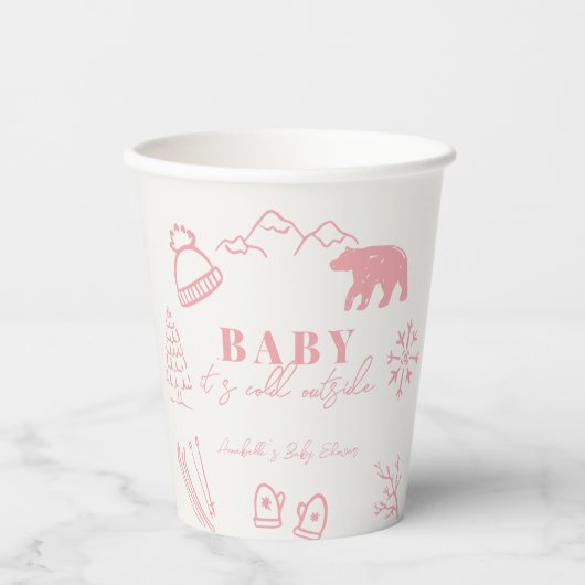 Baby It's Cold Outside Hand-drawn Pink Baby Shower Pappbecher (Vorderseite)
