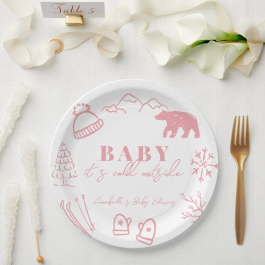 Baby It's Cold Outside Hand-drawn Pink Baby Shower Pappteller (Hochzeit)
