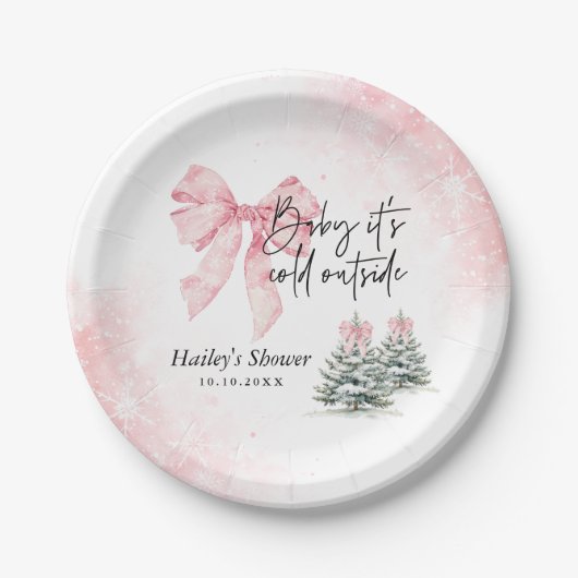 Baby Its Cold Outside, Pink Bow Winter Baby Shower Pappteller (Vorderseite)