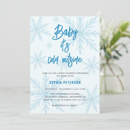Baby Its Cold Outside Snowflakes Boy Baby Shower Einladung (Stehend Vorderseite)