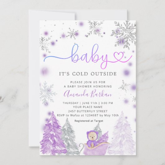 Baby Its Cold Outside Winter Baby Shower Purple Einladung (Vorderseite)