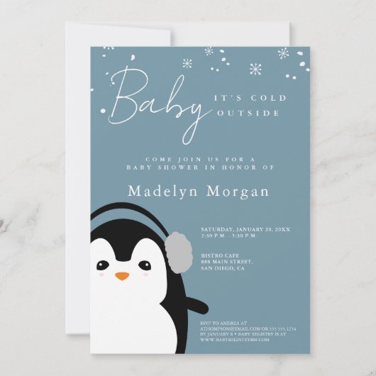 Baby It's Cold Outside Winter Blue Niedlich Pingui Einladung (Vorderseite)