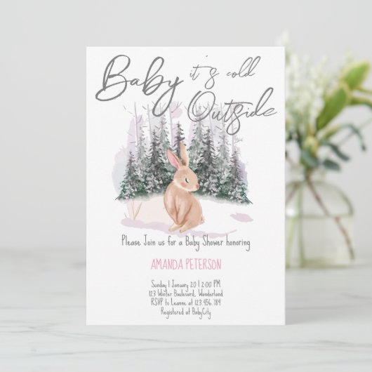 Baby It's Cold Outside Winter Bunny Baby Dusche Einladung (Stehend Vorderseite)