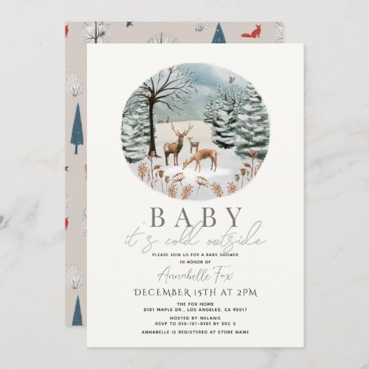 Baby It's Cold Outside Winter Forest Baby Shower Einladung (Vorne/Hinten)