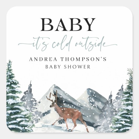 Baby It's Cold Outside Winter Forest Baby Shower Quadratischer Aufkleber (Vorderseite)