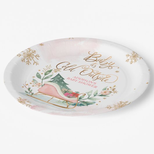 Baby It's Cold Outside Winter Sleigh Baby Dusche Pappteller (Schrägansicht)