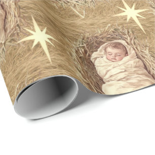 Baby-Jesus-Aquarell-Krippe-Heu Geschenkpapier
