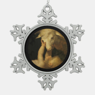 Baby Jesus berührt das Gesicht eines Lammes Schneeflocken Zinn-Ornament