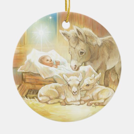 Baby-Jesus-Geburt Christi mit Lämmern und Esel Keramikornament (Vorne)
