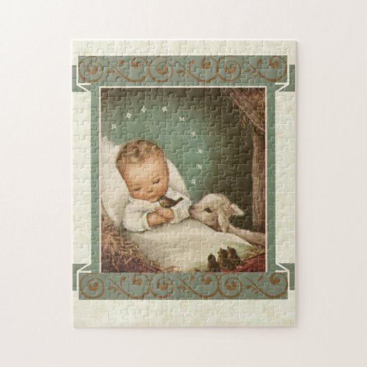 Baby Jesus in der Krippe mit Lamm u. Vogel Puzzle (Vertikal)