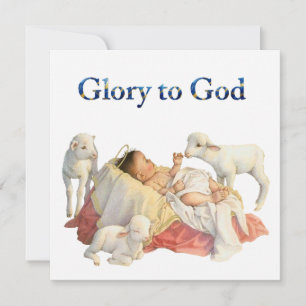 Baby Jesus in einer Krippe mit Lämmern Ehre sei Go Feiertagskarte