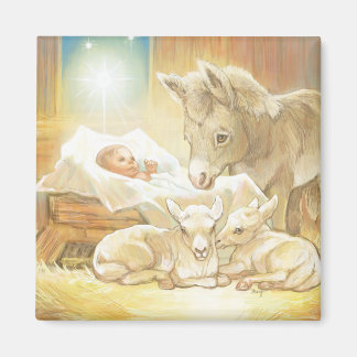 Baby Jesus Krippe mit Lämmern und Esel Magnet