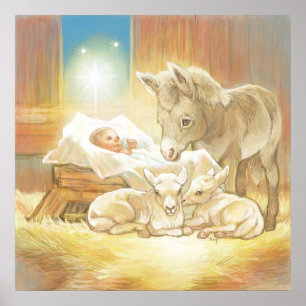 Baby Jesus Krippe mit Lämmern und Esel Poster