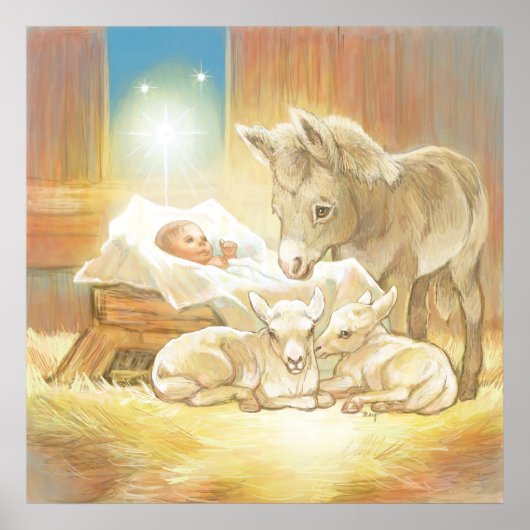 Baby Jesus Krippe mit Lämmern und Esel Poster (Vorne)