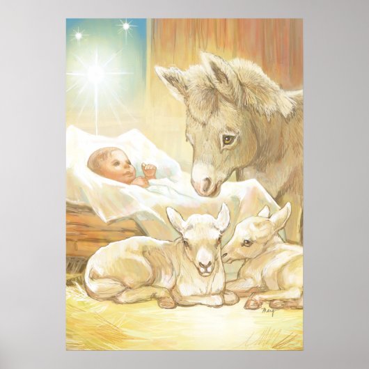 Baby Jesus Krippe mit Lämmern und Esel Poster (Vorne)