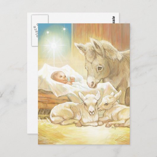 Baby Jesus Krippe mit Lämmern und Esel Postkarte (Vorne/Hinten)