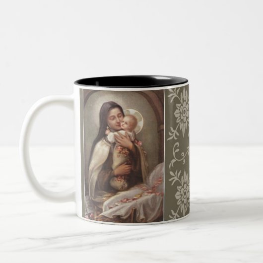 Baby-Jesus-Krippen-Rosa-Rosen St. Therese Zweifarbige Tasse (Links)