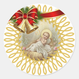 Baby-Jesus-Krippen-Weihnachtsbell-Band Runder Aufkleber