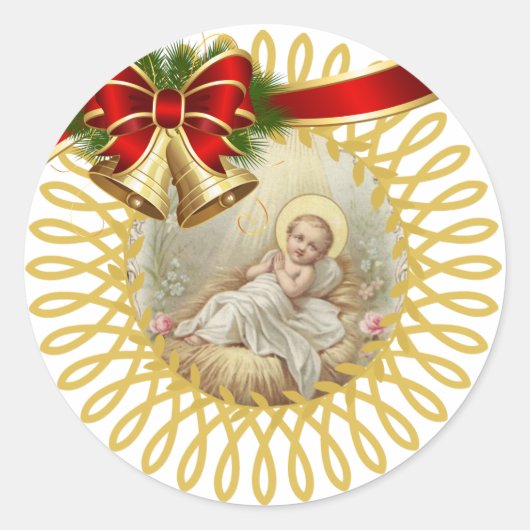 Baby Jesus Manger Christmas Bells Ribbon Runder Aufkleber (Vorderseite)