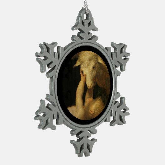 Baby Jesus Touchs Gesicht des Lammes Schneeflocken Zinn-Ornament (Links)