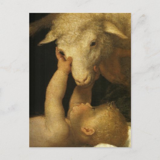 Baby Jesus Touchs Lamb Feiertagspostkarte (Vorderseite)