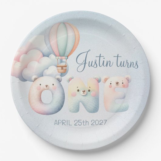 Baby Junge 1. Geburtstag Teddybär Heißluftballon Pappteller (Vorderseite)