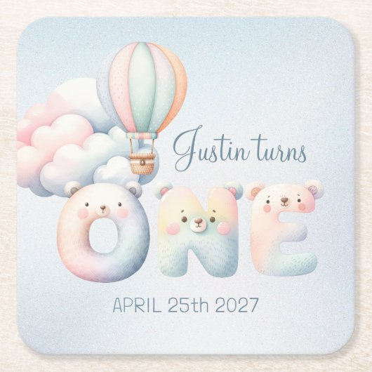 Baby Junge 1. Geburtstag Teddybär Heißluftballon Rechteckiger Pappuntersetzer (Vorderseite)