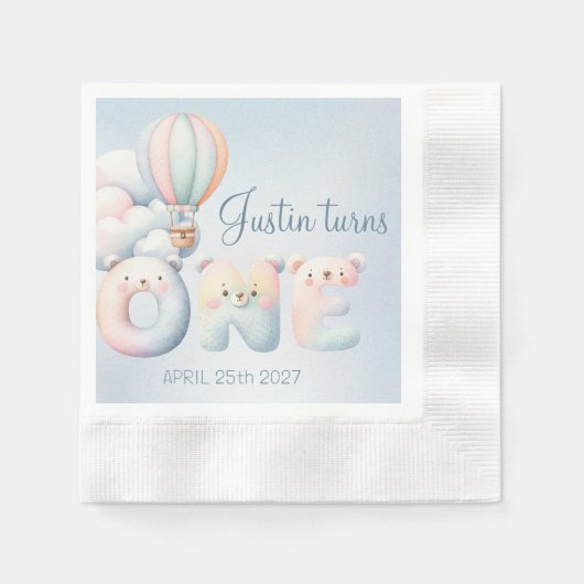 Baby Junge 1. Geburtstag Teddybär Heißluftballon Serviette (Vorderseite)