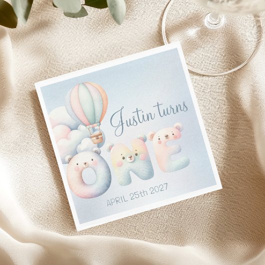 Baby Junge 1. Geburtstag Teddybär Heißluftballon Serviette