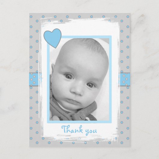 Baby-Junge-Foto dankt für das Geschenk blau und gr Postkarte (Vorderseite)