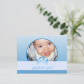 Baby-Junge-Foto-Geschenk aus dem Blue-Bogen-Bibel- Postkarte (Stehend Vorderseite)