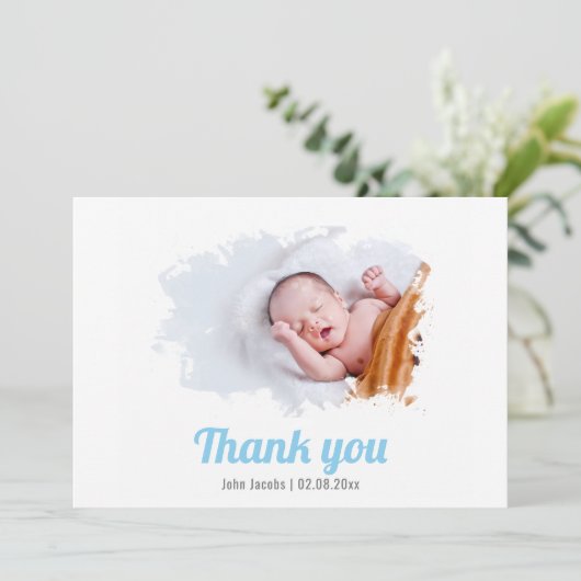 Baby Junge, gebürstetes Foto, Dankeschön-Karte Einladung (Stehend Vorderseite)