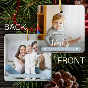 Baby Junge hellblau Erstes Weihnachten 2 Foto Keramikornament
