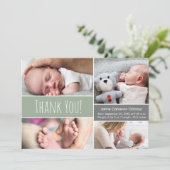 Baby-Junge Moderne Green Foto Collage und Geburtsi Dankeskarte (Stehend Vorderseite)
