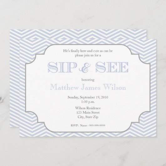 Baby-Jungeblauer Zickzack Sip und sehen Einladung (Vorne/Hinten)