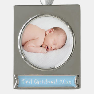 Baby-Jungen-1. WeihnachtsFoto-Feiertag elegant Banner-Ornament Silber