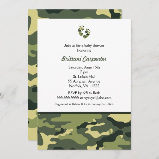 Baby-Jungen-Grün-Tarnungs-Dusche lädt Füße Einladung (Vorne/Hinten)