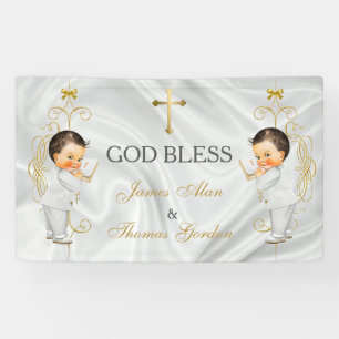Baby Jungen Zwillinge Taufe Taufgeschenk Gold Banner