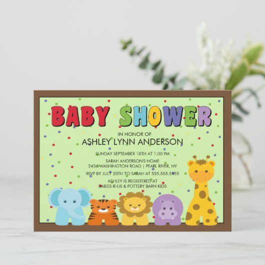 Baby Jungle Animals Kinderdusche Einladung (Stehend Vorderseite)