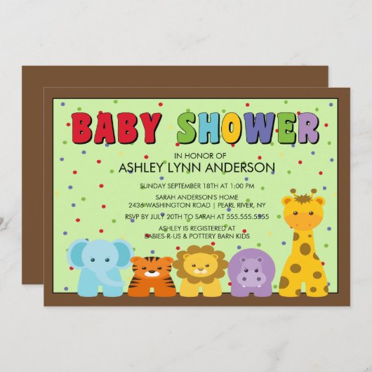 Baby Jungle Animals Kinderdusche Einladung (Vorne/Hinten)