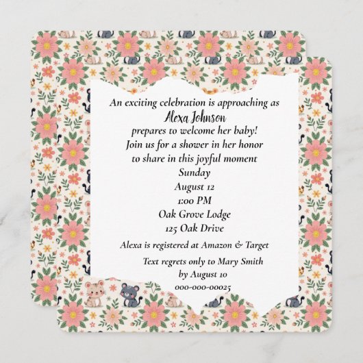 Baby Jungle Cats and Flowers Einladung (Vorne/Hinten)