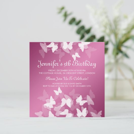 Baby/Kindergeburtstag-weißes Schmetterlings-Rosa Einladung (Stehend Vorderseite)