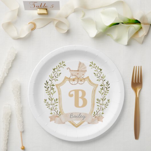 Baby-Kinderwagen-Monogramm "B" | Neutral Pappteller (Hochzeit)