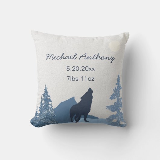 Baby Kinderzimmer Pillow Birth Stats Wolf Gebirge Kissen (Vorderseite)