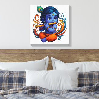 Baby Krishna mit Flute - Peace Vibes | Lebhaftes 3 Leinwanddruck