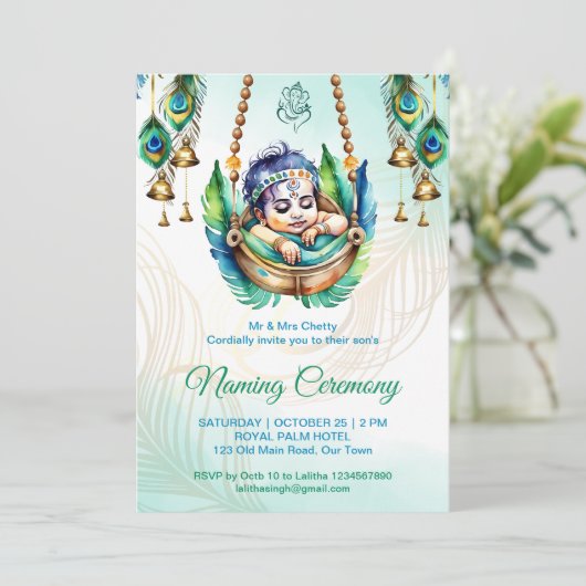 Baby Krishna Naming Namkaran Wiege Zeremonie Einladung (Stehend Vorderseite)