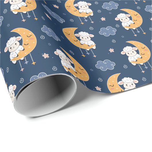 Baby Lamb auf dem Mond Geschlecht neutrales blaues Geschenkpapier (Rolleneckpunkt)