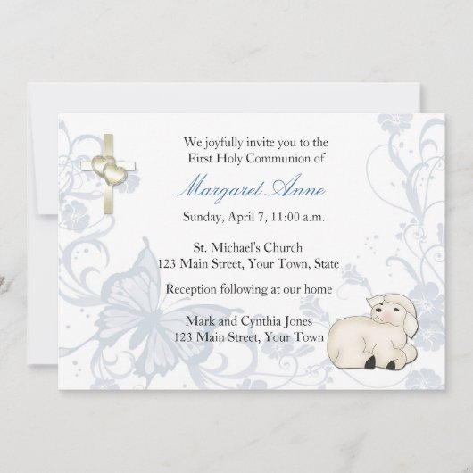 Baby Lamb Blue Religiöse Einladung (Vorderseite)