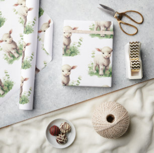Baby Lamb in Greenery Watercolor Babydusche Geschenkpapier